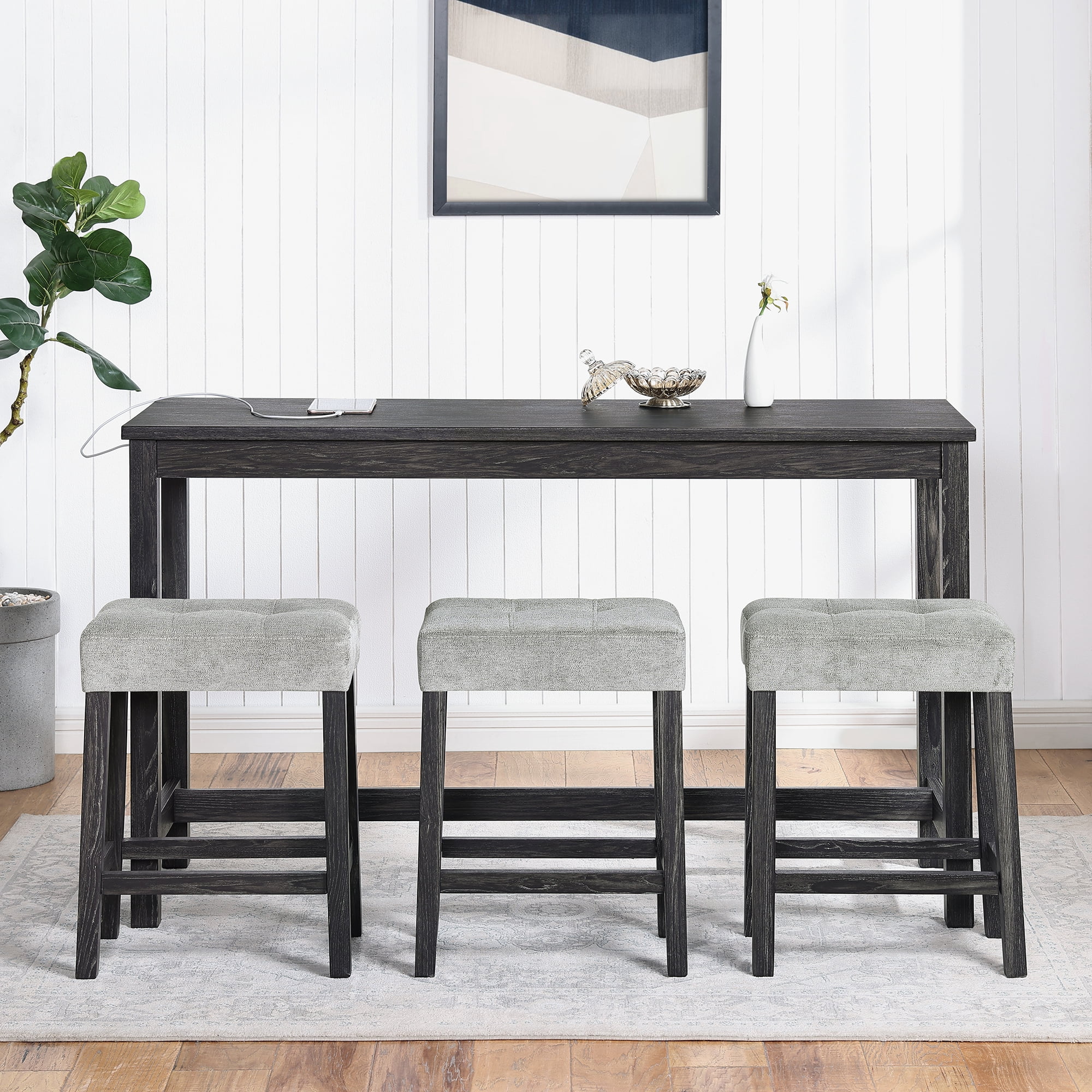 Leumius 4 Piece Bar Table Set with Power Outlet,Rustic Industrial Style Breakfast Table with 3 Padded Stools,Dining Bar Table and Chairs Set for Living Room, Dining Room, Game Room,Black