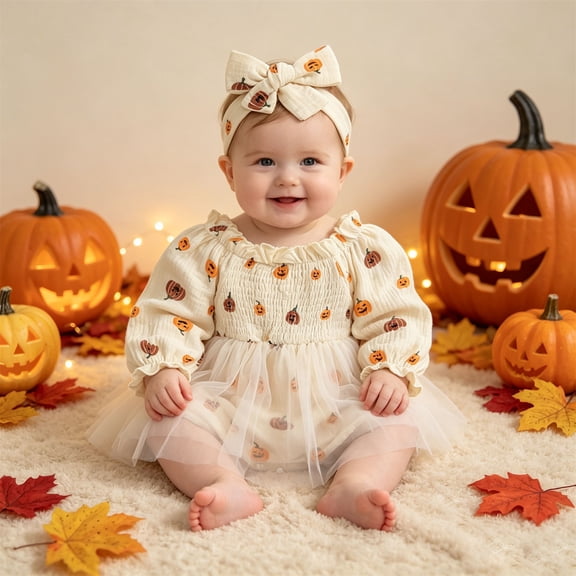 RMGVDSD Halloween Baby Girl Clothes Pumpkin Bodysuit Ruffle Long Sleeve Smocked Bubble Romper Tutu Dress with Headband Fall Holiday Outfit