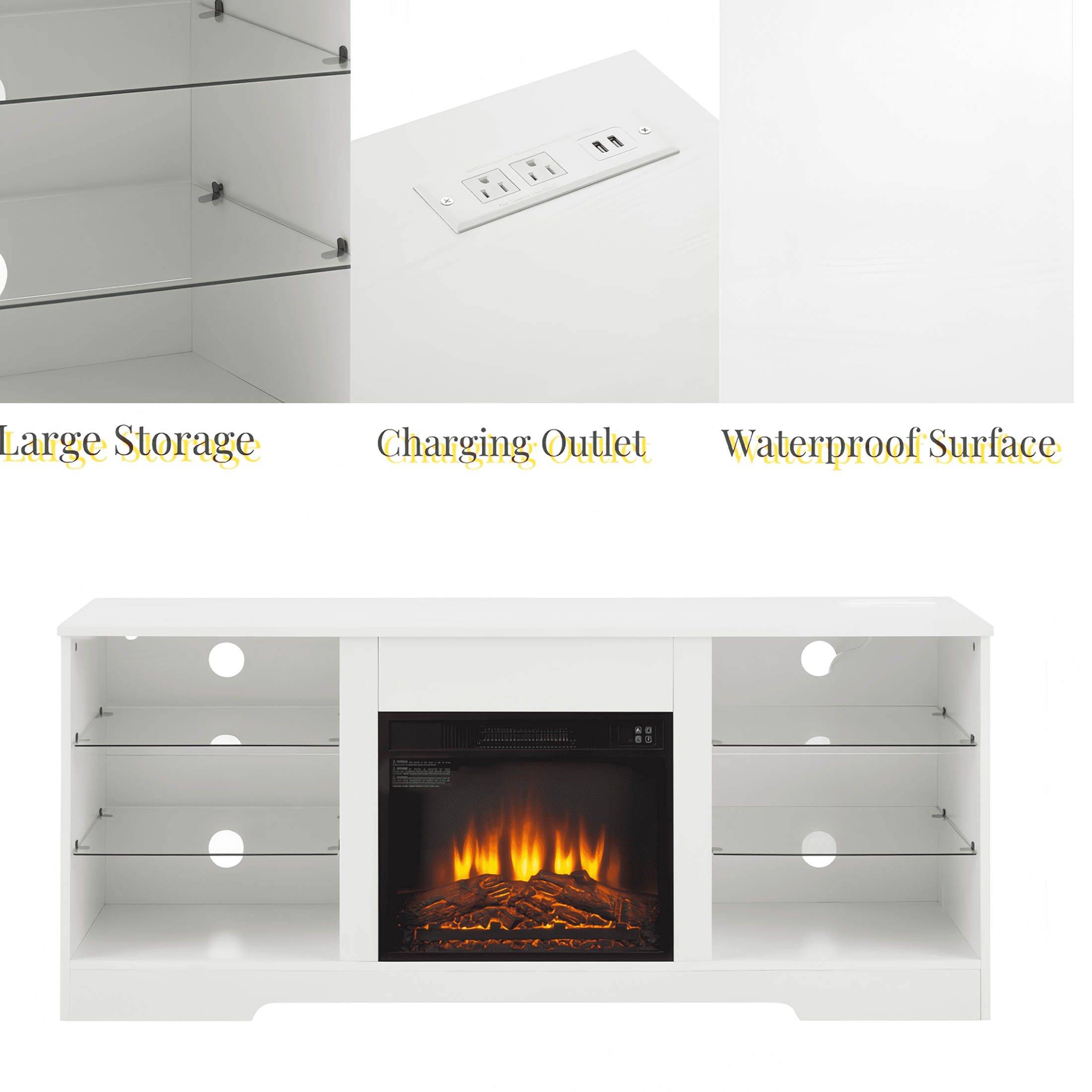 SESSLIFE Fireplace TV Stand for 65 Inch TV, Farmhouse TV Stand with Storage Shelves, Entertainment Center with 3D Flame Electric Fireplace Heater, White