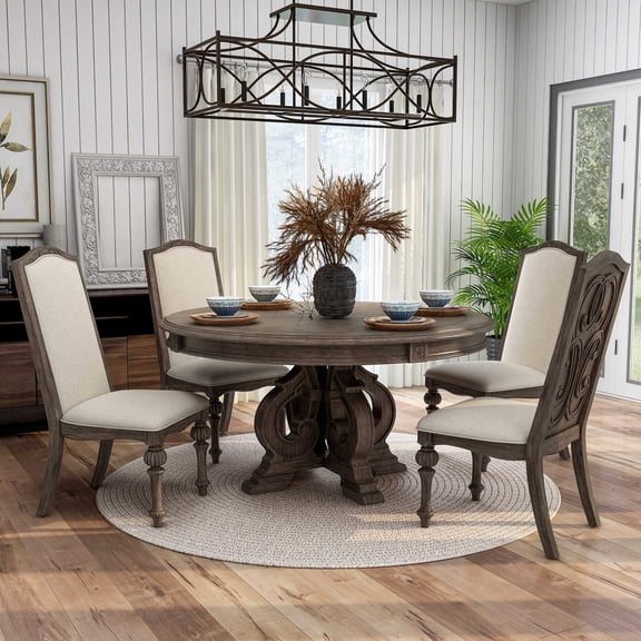 Beautiful Wood Inlay 5pc Dining Set Round Table 4x Side Chairs Pedestal Base Natural Tone Dining Room
