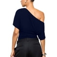 thumbnail image 4 of Dweltoz Off the Shoulder Drapey Tops for Women Ruched Bat Wing Dolman Short Sleeve Y2k Shirts Fitted Waist Trendy Casual Going Out,Dark Blue L, 4 of 4