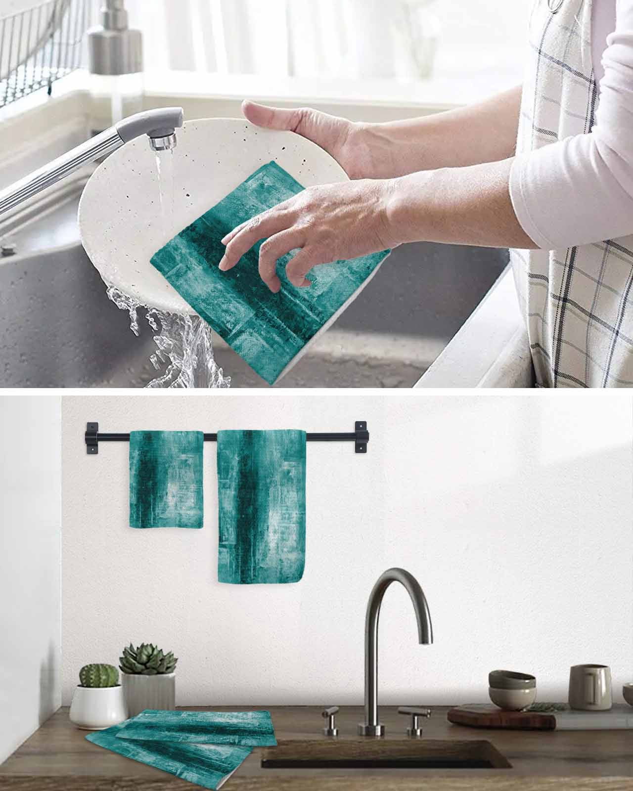 Teal Kitchen Dish Towels for Drying Dishes Set of 4, Retro Oil Painting Modern Abstract Art Aesthetics Waffle Weave Microfiber Hand Tea Bathroom Towels Quick Dry & Absorbent Towel 15.7x23.6