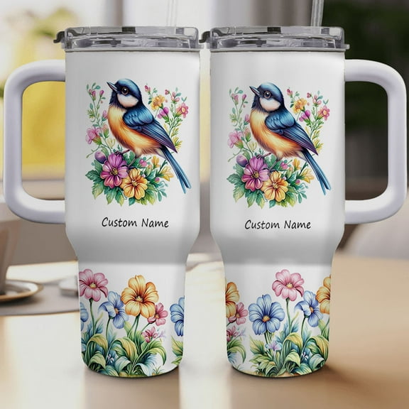 Custom 40oz Tumbler with Handle & Straw - Black-capped Chickadee Lover Gift - Personalized Stainless Steel Travel Mug with Lid - Cute Present for Girls, Women