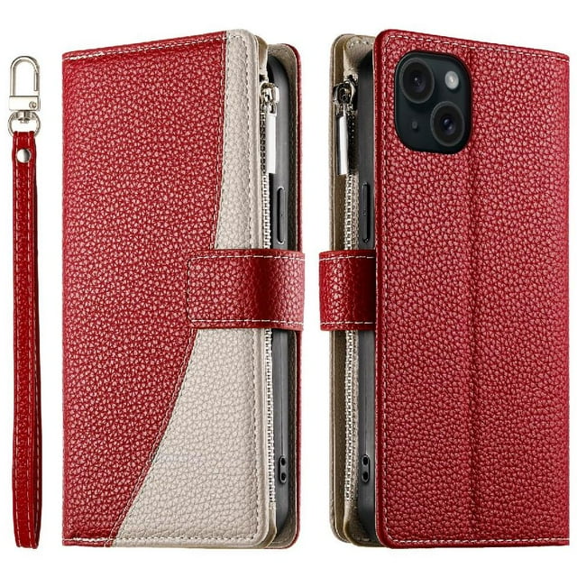 Funda cartera GANGXUN para iPhone 15 Plus , cuero PU con tarjetero, cremallera, correa de mano, soporte y protección 815°