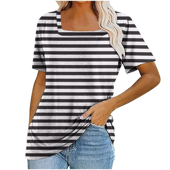 VERUGU Womens Tops Short Sleeve Square Neck Shirts Summer Trendy Stripe T-shirts Loungewear Casual Loose Comfy Tunic Blouses for Leggings Black L