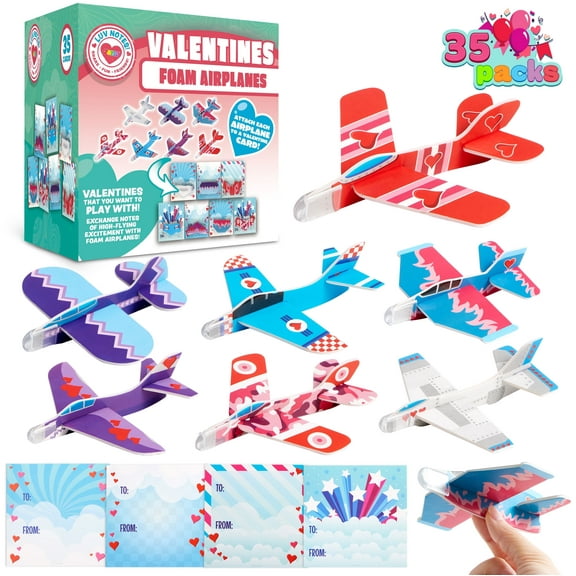 Joyfy 35 Packs Valentines Day Gifts Cards with Foam Airplane for Kids Valentine Exchange Cards Toddle Boys Valentines School Classroom Favors