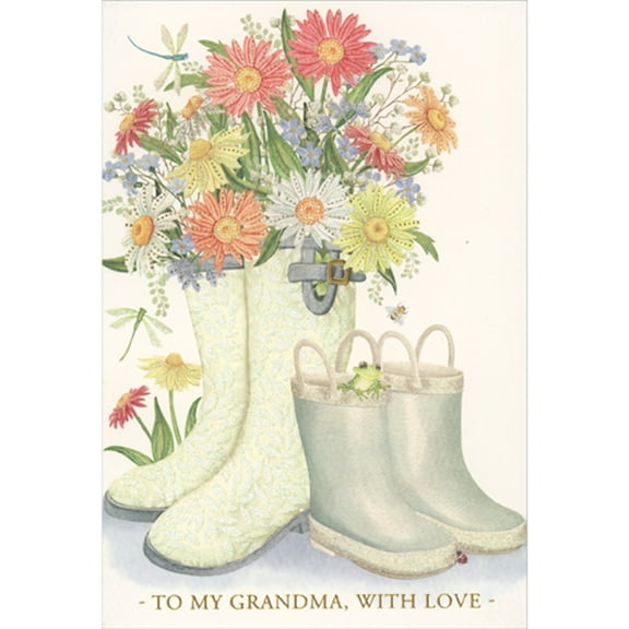 Pictura Two Pairs of White Rain Boots Holding Bouquet of Flowers Mother's Day Card for Grandma