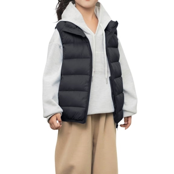 Kids Solid Color Sleeveless Down Vest, Lightweight Stand Collar Puffer Jacket Without Sleeves, Boys & Girls Thermal Waistcoat for Autumn and Winter Layering Black