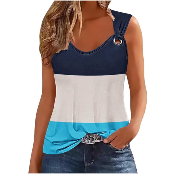 Scyoekwg Sleeveless Shirts for Women Crewneck O Ring Shoulder Tank Tops Casual Summer Loose Ladies Tops Color Block Patchwork Graphic Tee Comfy Blouses (Light Blue,M)