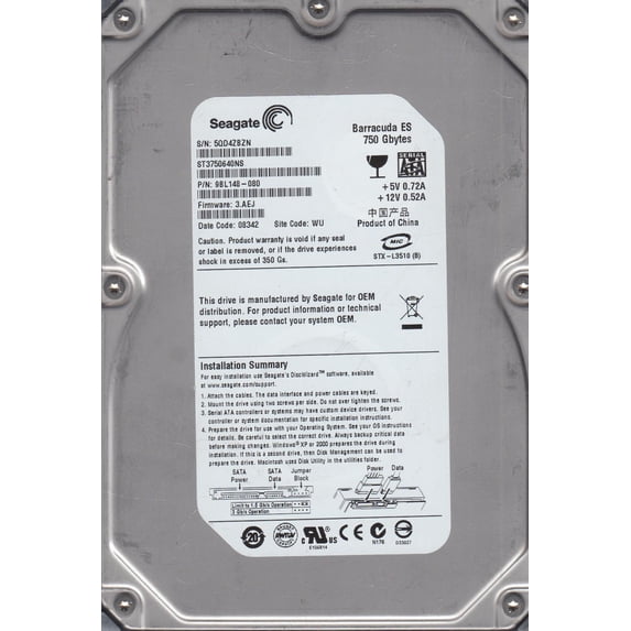 ST3750640NS, 5QD, WU, PN 9BL148-080, FW 3.AEJ, Seagate 750GB SATA 3.5 Hard Drive