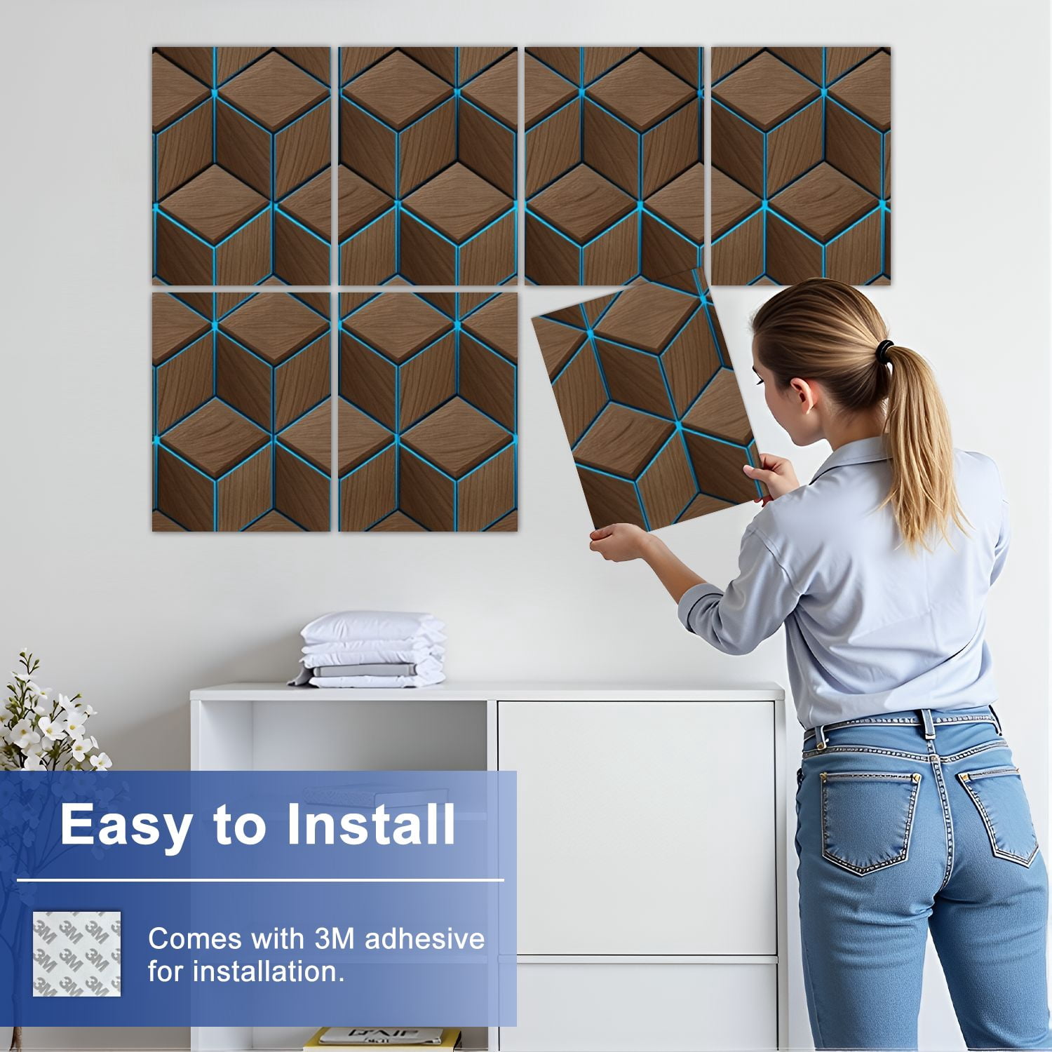8 Pack Art Acoustic Panels Sound Absorbing Geometric Wooden Cube Tessellation Blue Lines Natural Wood Decorative Soundproof Wall Panels Self Adhesive for Nursery Game Room Bedroom 48"x32"
