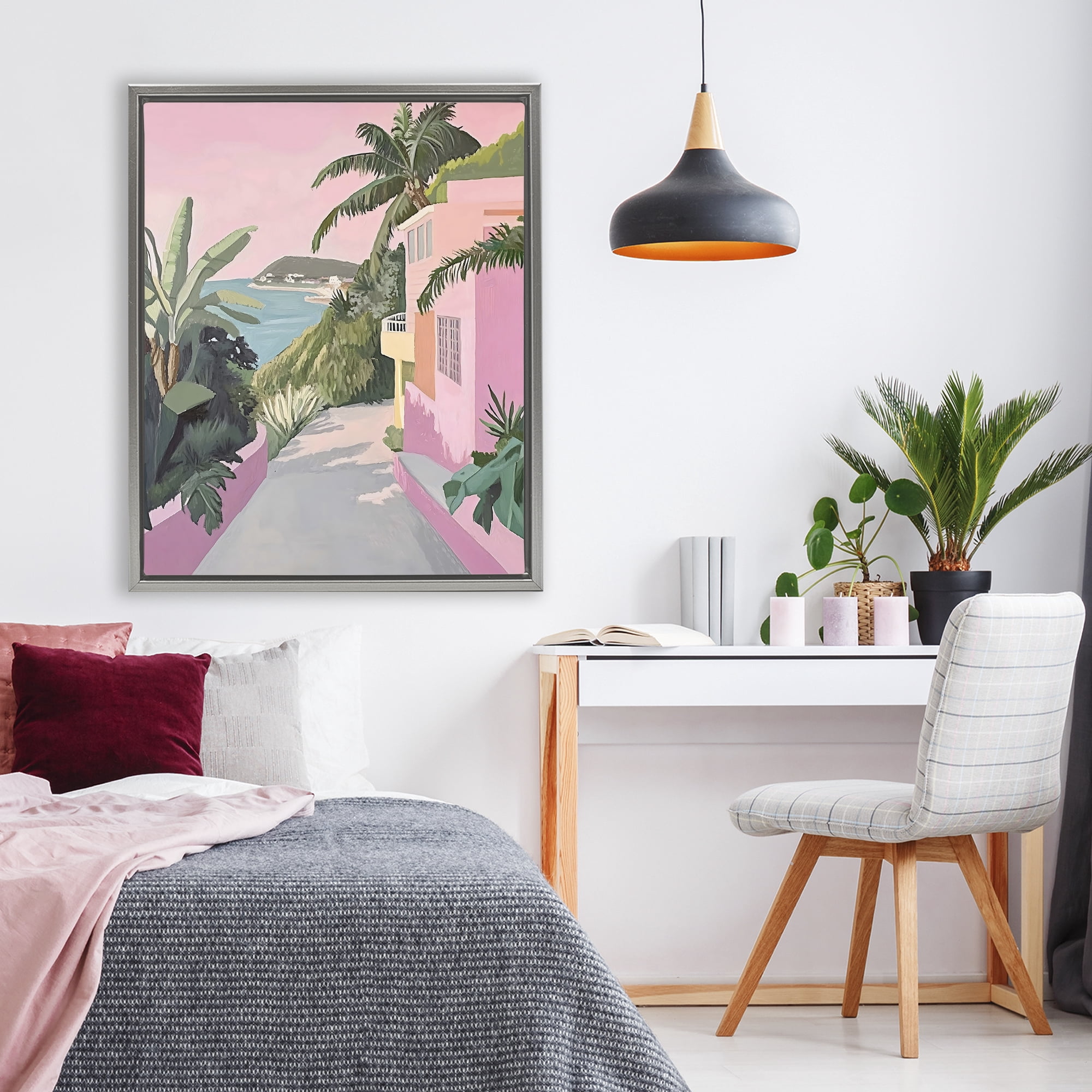 Stupell Industries Mediterranean Pink Coastal House Gray Framed Floater Canvas Wall Art, design by The Prints Vibe