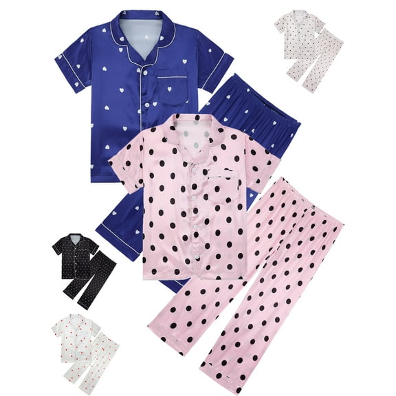 BULLPIANO Kids Silk Satin Pajamas Set Girls Boys Button-Down Sleepwear Short Sleeve 2 Piece PJs Sets Lounge Sets 5-14Y