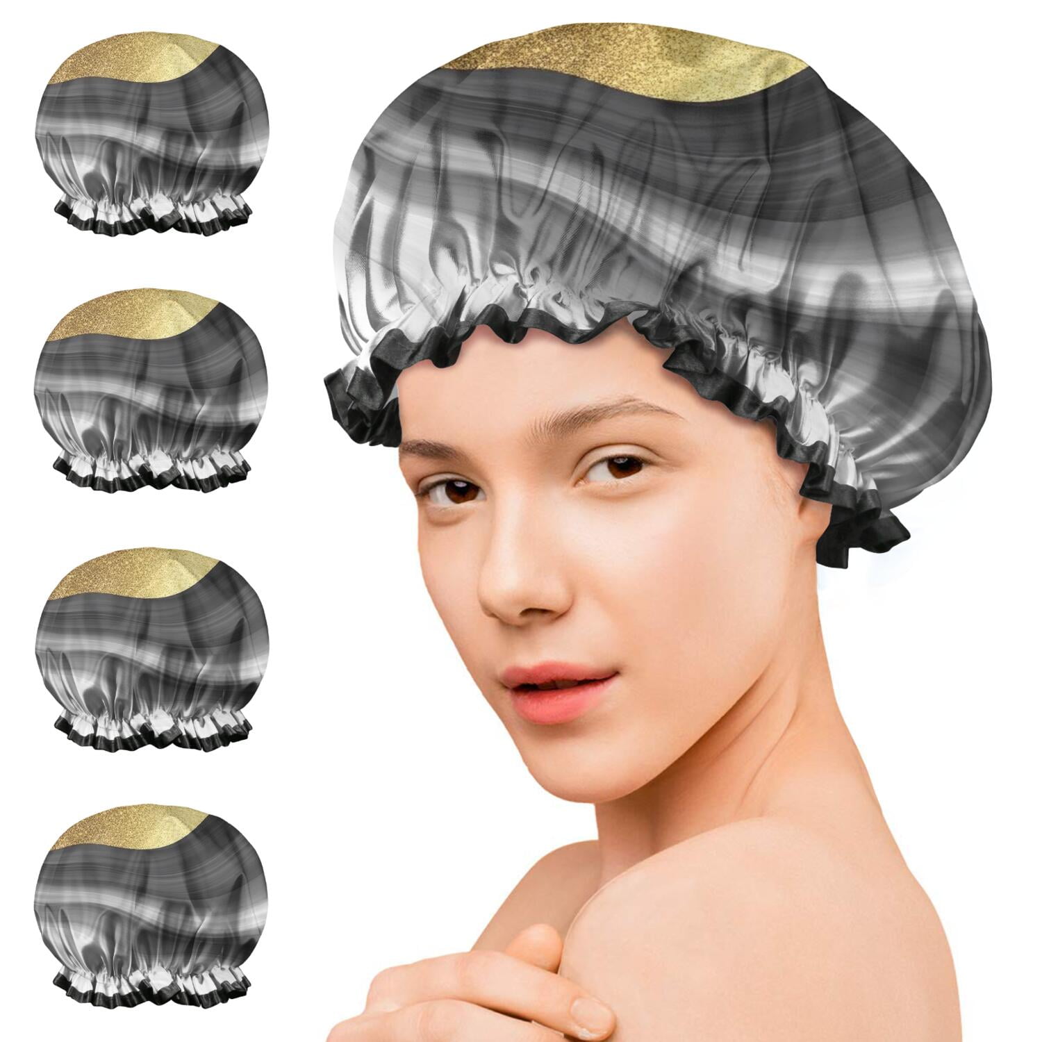 Shower Caps,Black Marble Gold Wave Pattern Waterproof Shower Cap for Women 4 Pieces,Double Reusable Hair Cover for Shower PEVA Elastic Stretch Hem