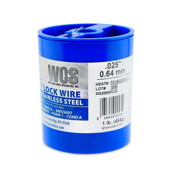 Lock Wire, T302/304 Stainless, NASM20995, MS20995C, ASTM A580 Cond A, AMS5697, .025 in (0.63 mm), 1 lb (0.45 kg) Dispenser Can, approx. 595 ft (181 m)