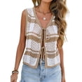 thumbnail image 2 of Women'S Sleeveless Striped Sweater Vest V Neck Tie Front Crochet Knit Tank Tops Khaki S, 2 of 9