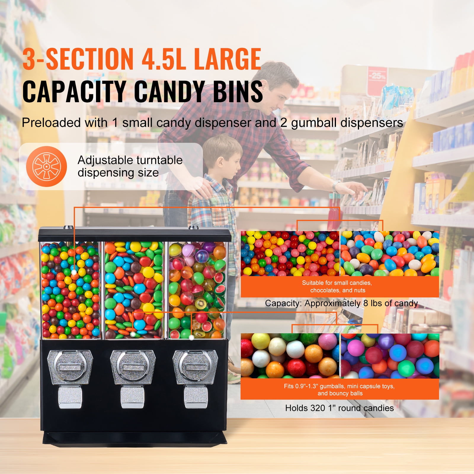 KFFKFF Black Gum Ball with Stand Vending Machine 44in Height Freestanding Commercial 25 Cents Coin Operated Gumball Bank 3 Compartment Candy Dispenser Vintage Candy Dispenser