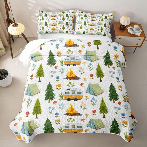 Catabedysis Floral Camping Quilt Full,Caravan Tent Pattern Full Bedspread Sets For Boys,Multicolor,3-Piece