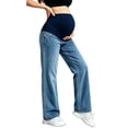 thumbnail image 2 of YUANxueke Maternity Jeans for Women Straight Wide Leg Pregnancy Denim Pants Over The Belly Stretchy Jeans,Dark Blue,M, 2 of 5