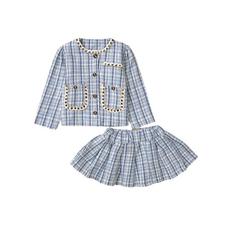 

uukiA Infant 9-24 Months And 2-4T Baby Girl Round Neck Long Sleeve Houndstooth Small Fragrance Set Skirt Set