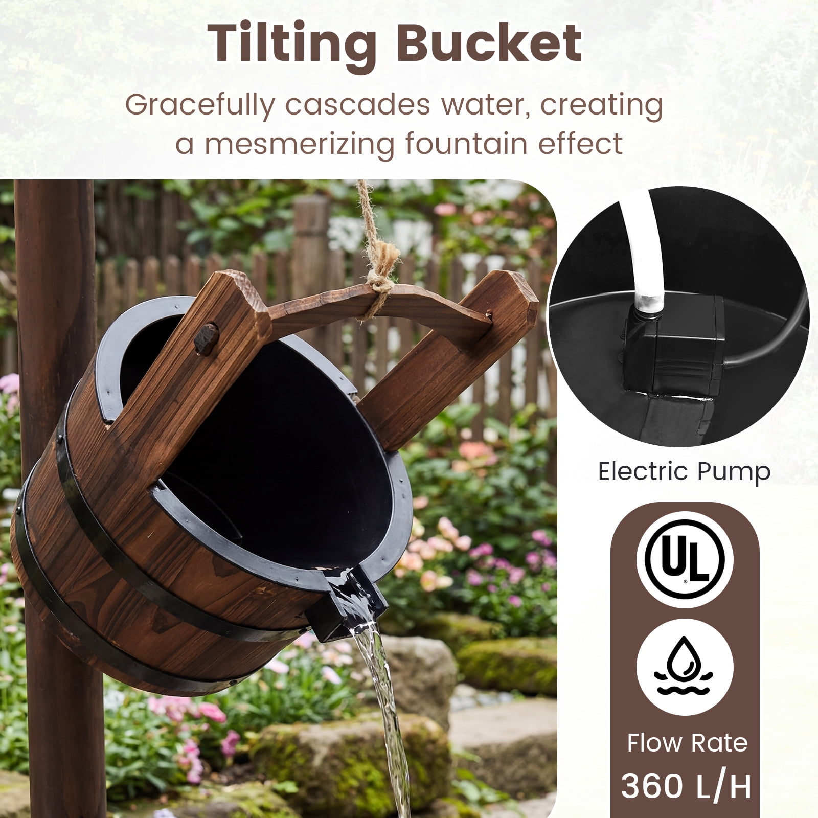 Patiojoy Rustic Wishing Well Water Fountain Wooden Decorative Electric Backyard with Electric and Water Bucket Pump for Outdoor