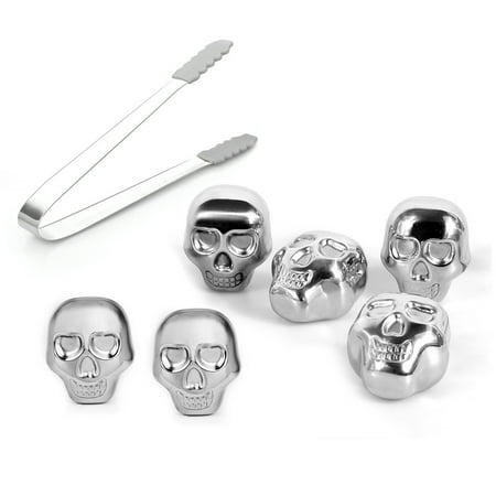 Champagne Chiller Stand Topboutique Set of 6 Stainless Steel Skull Rocks Whiskey Stones Wine Beer Ice Cube Chiller Whisky Champagne Drink Cooler with Ice Tong ()