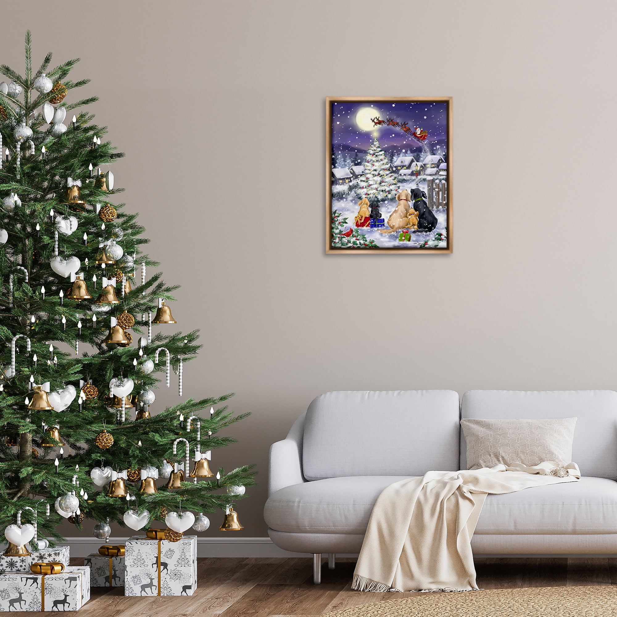 Stupell Industries Dogs Watching Sleigh Holiday Painting Brown Floater Framed Art Print Wall Art, 25 x 31