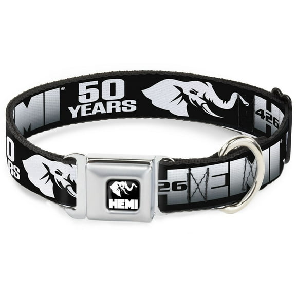 Hemi Pet Collar, Dog Collar Metal Seatbelt Buckle, Hemi 426 Elephant Logo 50 Years Black White Silver Fade, 9.5 to 13 Inches 1.0 Inch Wide
