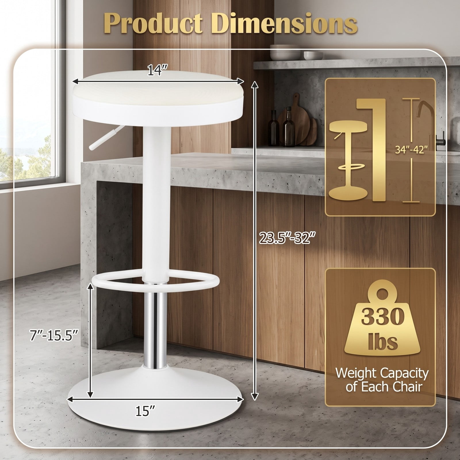 Furnibear Set of 2 Adjustable Kitchen Bar Stools, 360 Swivel Counter Stools with Soft Padded Fabric Seat, D-Shaped Footrest and Non-Slip Base, 330 lb, White
