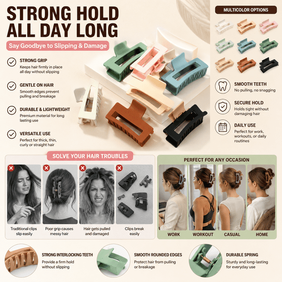 2-Pack Strong Hold Hair Claw Clips, Non-Slip Large Jaw Hair Clips, Durable All-Day Hold Hair Accessories for Thick Curly Fine Hair, Stylish Hair Clips for Women