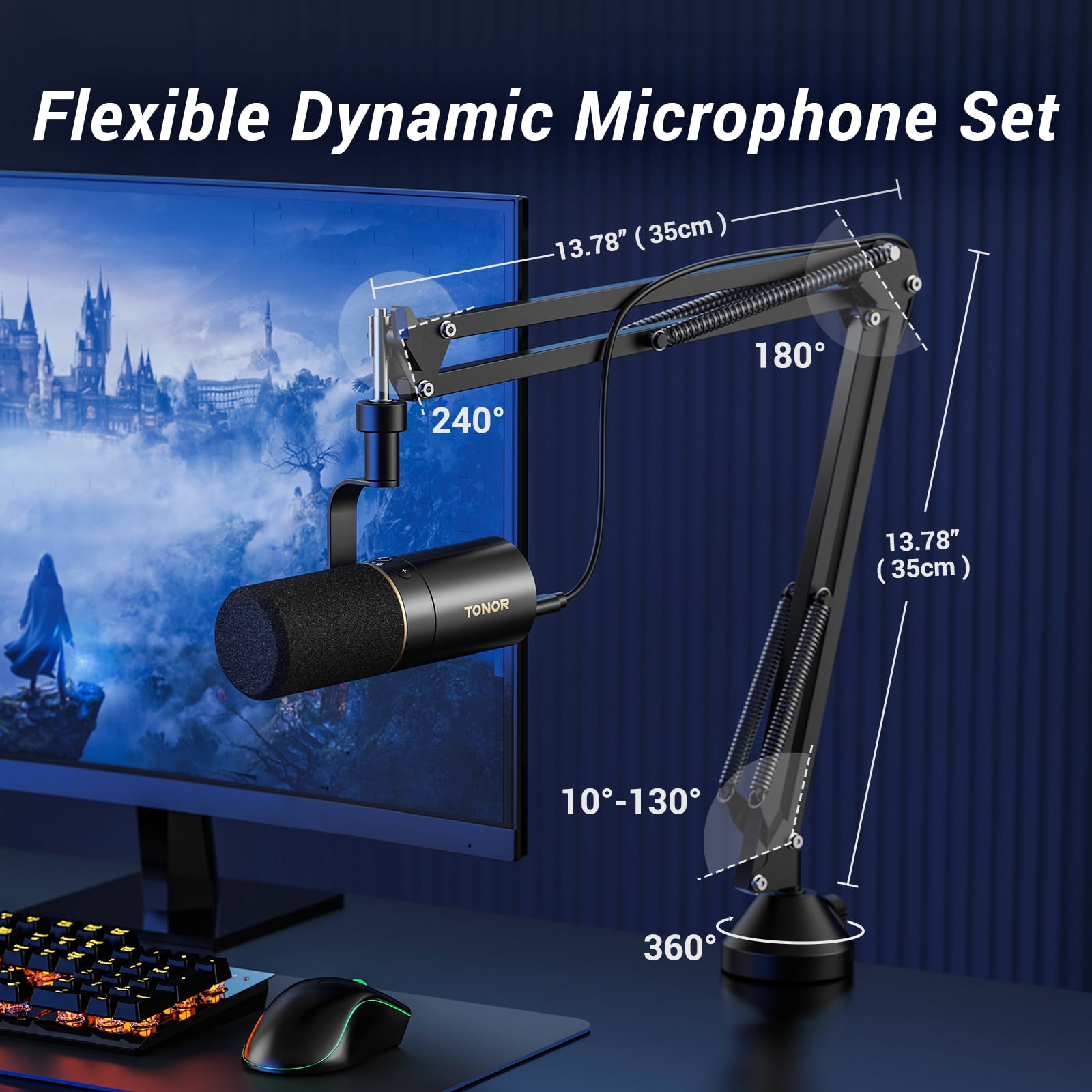 TONOR Dynamic Microphone, USB/XLR PC Microfono with Boom Arm Stand for Podcast, Recording, Live Streaming & Gaming, XLR Cardioid Studio Mic for Music & Voice-Over with 3.5mm Headphones Jack, TD510+