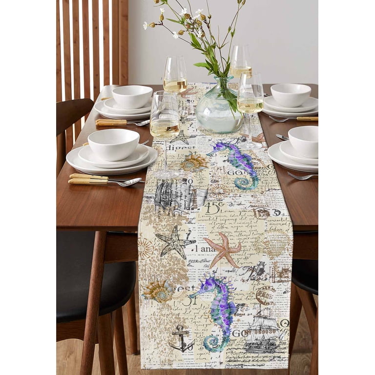 Table Runner Dresser Scarves 60 Inch Long,Watercolor Marine Seahorse  Starfish Linen Dining Table Runners Sailboat Shell on Retro Newspaper  Tabletop Scarf for Wedding Holiday Party Kitchen - Walmart.com
