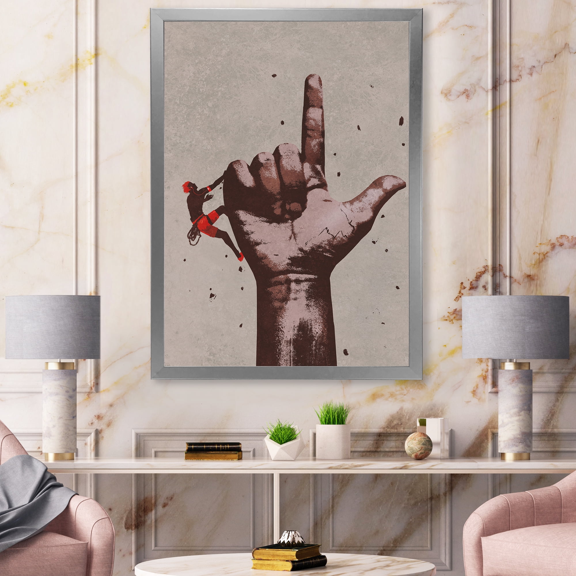 Designart 'Climber With Finger Pointing Up Sign' Modern Framed Art Print
