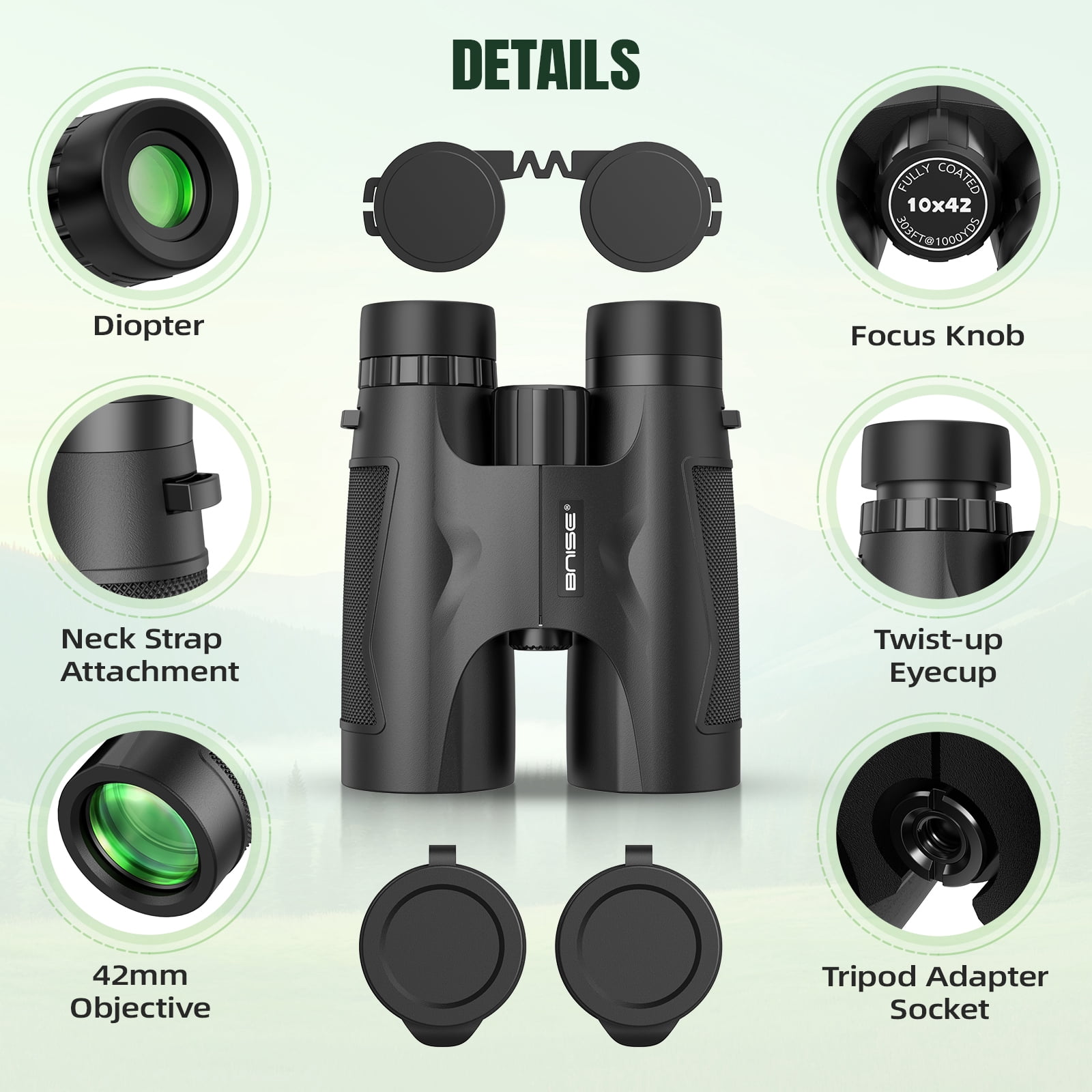 BNISE Binoculars for Adults , 10X42 HD Professional Binoculars with Low Light Vision Bak 4 Prism FMC Lens, Compact Waterproof for Bird Watching,Hunting,Hiking Outdoor Traveling