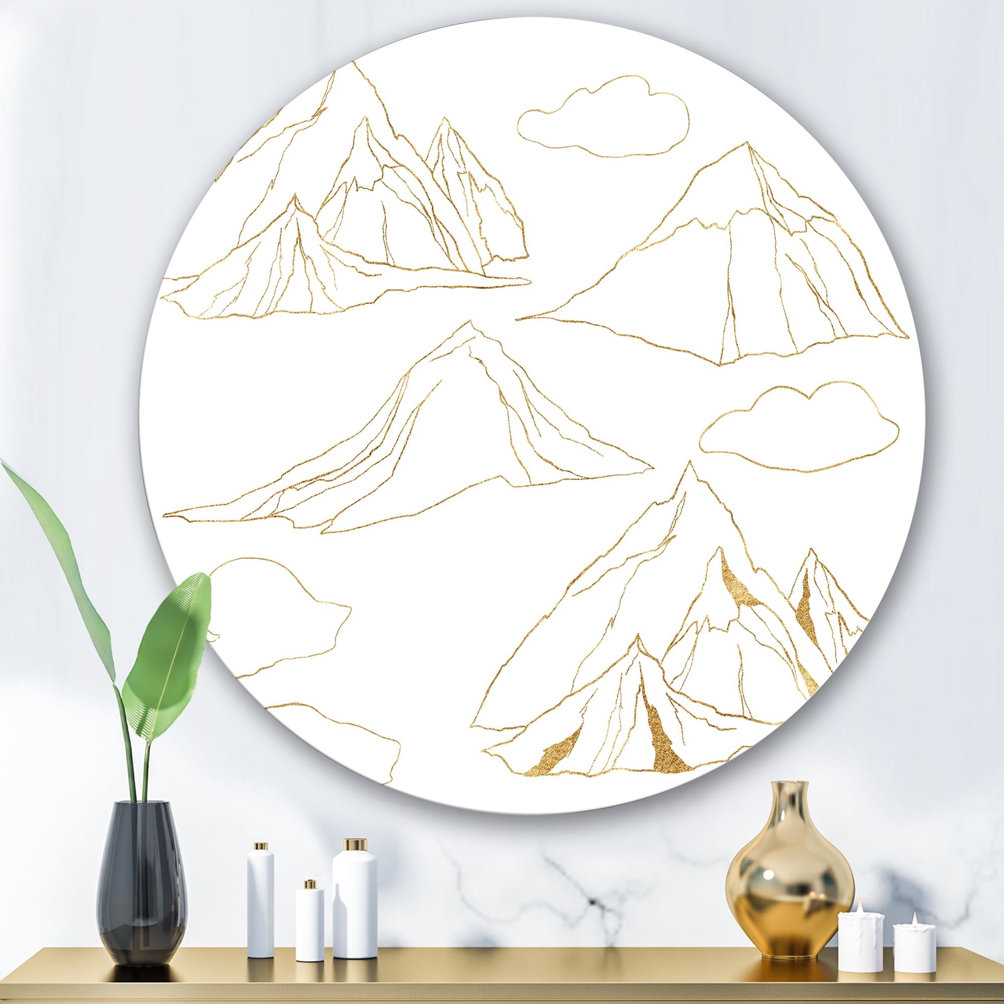 Designart 'Minimalistic Gold Linear Set Of Clouds and Mountains' Modern Circle Metal Wall Art 36x36 - Disc of 36