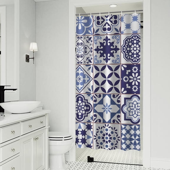 Blue Ethnic Geometric Patchwork Pattern Shower Curtain 36"x72" ,Bathroom Decorative Shower Curtains Set with 12 Hooks,Modern Waterproof Washable Shower Curtain