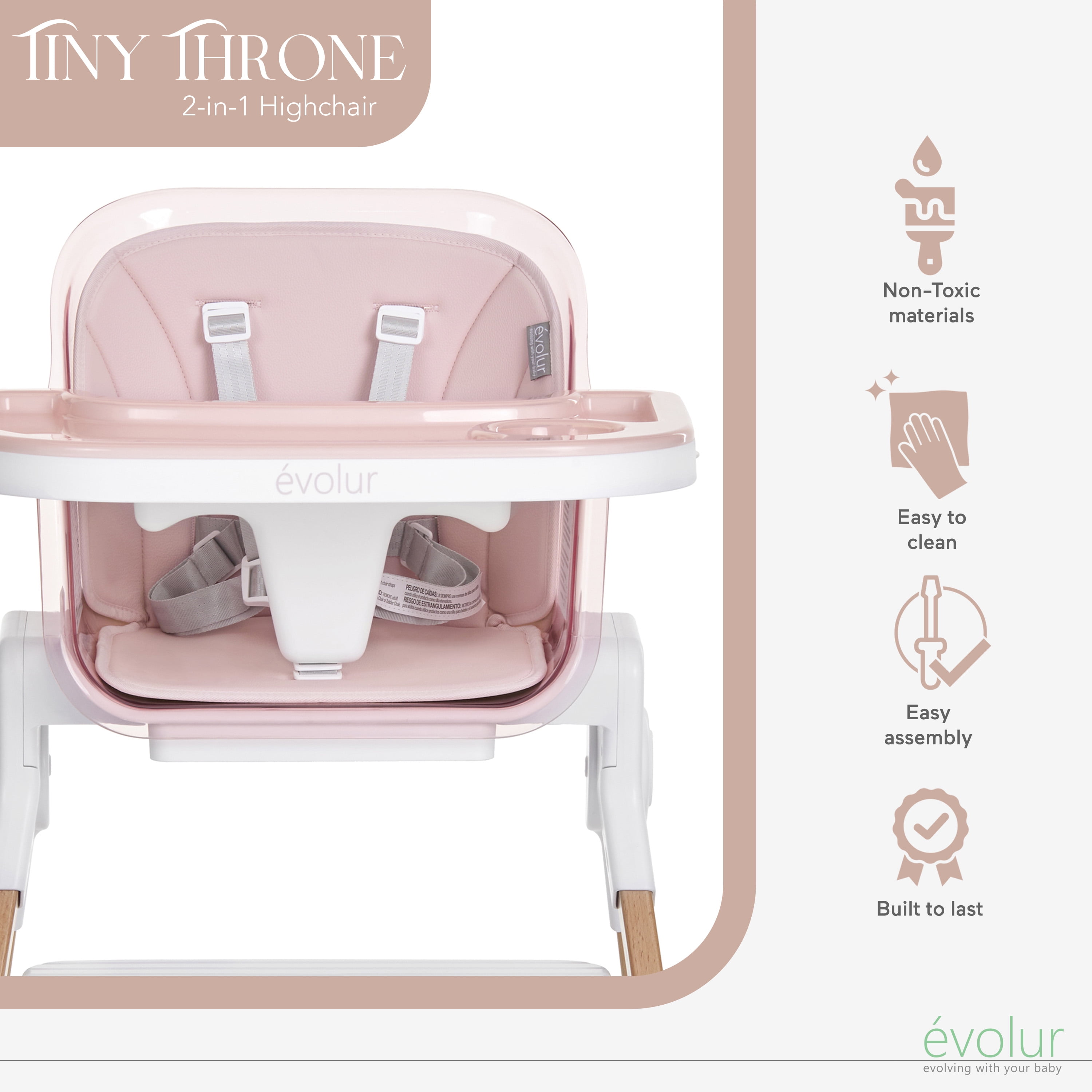 Evolur Tiny Throne 2-in-1 Portable High chair in Grapefruit Pink, Baby High Chair Converts into Booster Seat & Adult Stool, Removable Tray and Easy To Clean