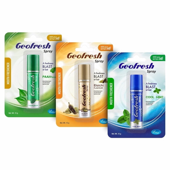 3X Geofresh Ayurvédique Vaporisateur Rafraîchissant Instantané pour la Bouche 15 g Chacun (Paan-Elaichi-Menthe)