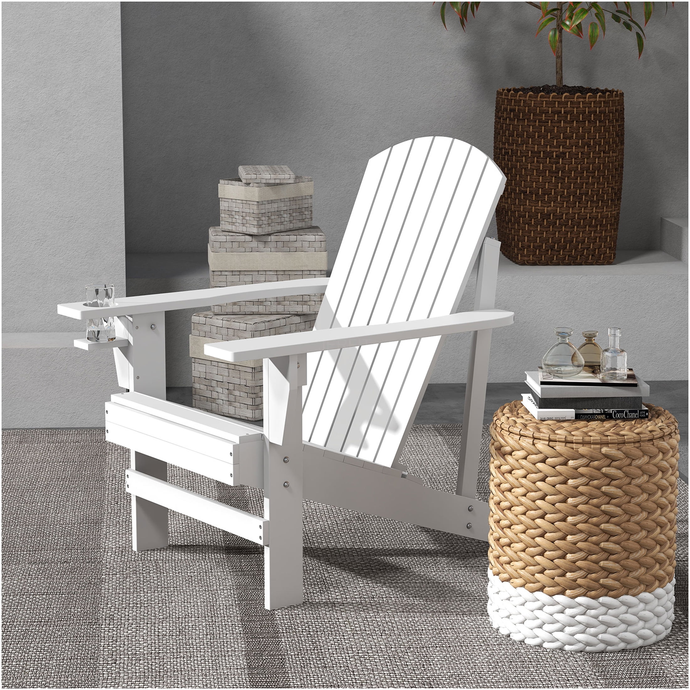 JERFIT White Wood Adirondack Chair with Cup Holder, Outdoor Patio Lounge Chair Weather-Resistant Solid Wood for Garden, Deck, Backyard, Fire Pit