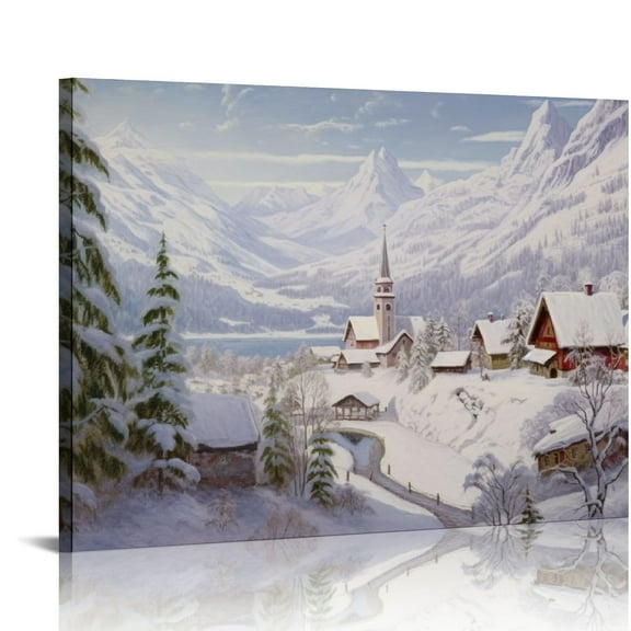JEUXUS Frame Winter Wall Art Snow Tree Canvas Wall Decor Snowing village Hang Artwork Christmas Gift Prints Snowy Mountains and Castle painting for Rustic House Living Room 20x16in