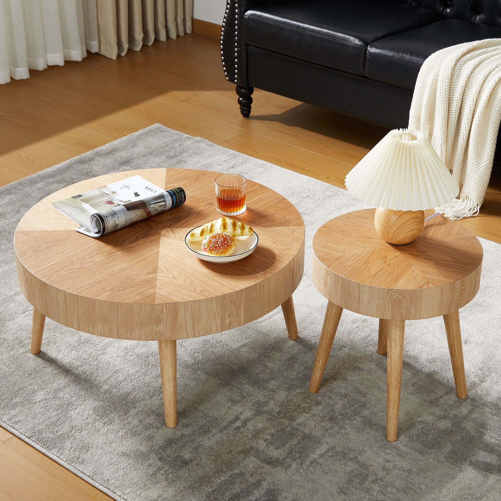 YOCWO 2-Piece Modern Round Coffee Table Set for Living Room, Faux Wood End Table, Natural, 29.13" D * 14.17" H, 15.75" D * 17.71" H