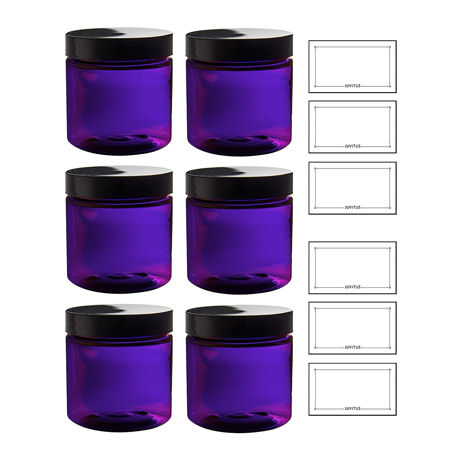 Purple 4 oz PET BPA Free Refillable Plastic Jars 6 pack + Labels