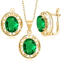 Gem Stone King 18K Yellow Gold Plated Silver Green Nano Emerald Pendant and Earrings Jewelry Set for Women | 6.00 Cttw | Gemstone May Birthstone | Oval 10X8MM | With 18 inch Chain