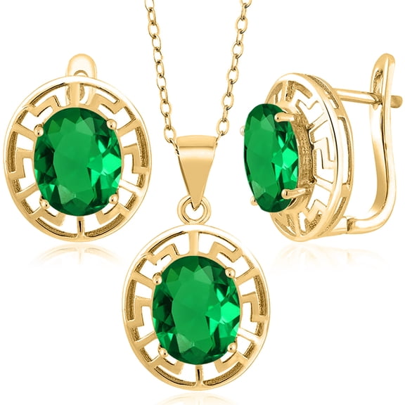 Gem Stone King 18K Yellow Gold Plated Silver Green Nano Emerald Pendant and Earrings Jewelry Set for Women | 6.00 Cttw | Gemstone May Birthstone | Oval 10X8MM | With 18 inch Chain