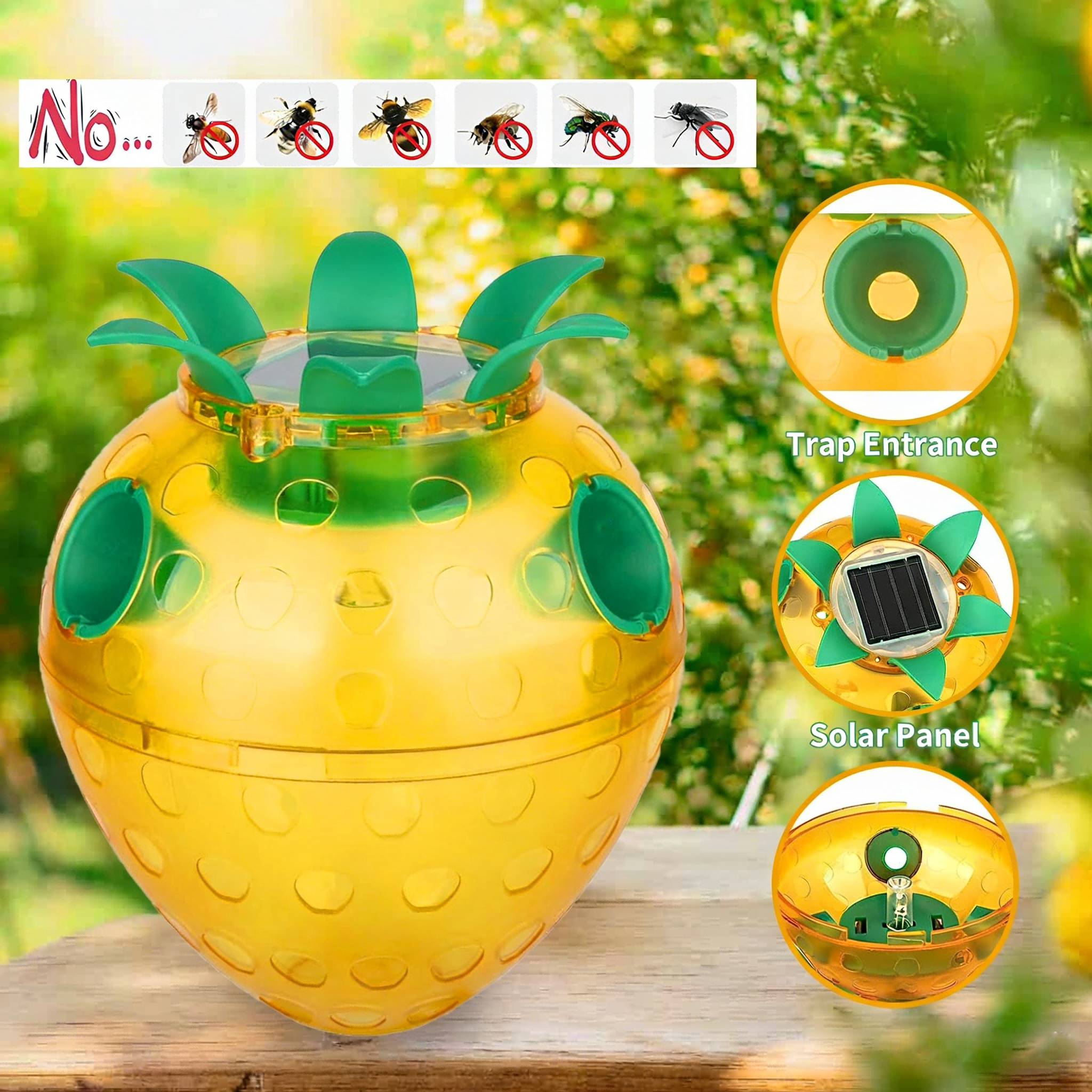 Solar-powered mason bee trap. Outdoor strawberry-shaped bee trap. Suitable for gardens and farms.
