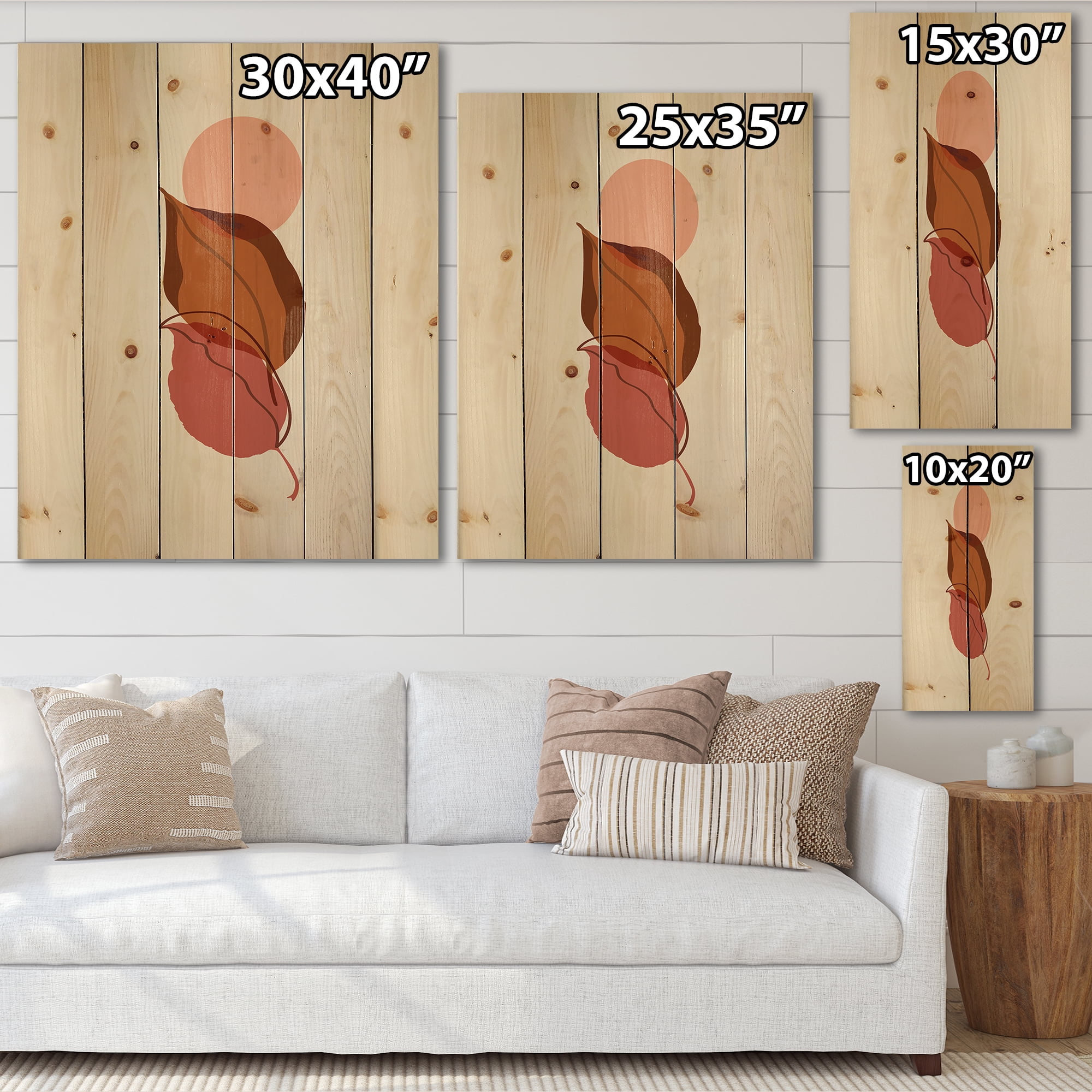 Designart 'A Red Full Moon Over Two Autumn Leaves' Modern Print on Natural Pine Wood