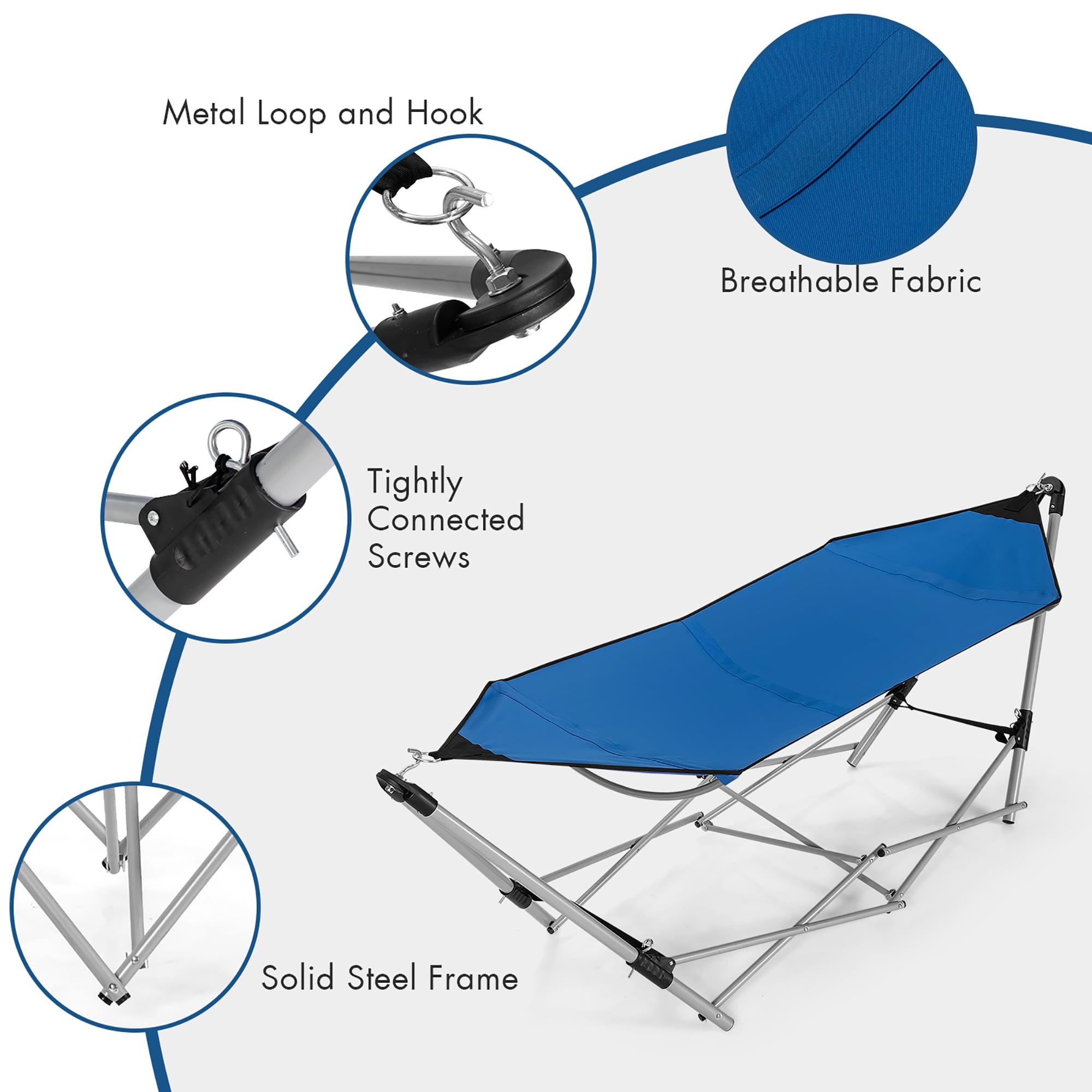 Costway Portable Folding Hammock Lounge Camping Bed Steel Frame Stand  W/Carry Bag Blue