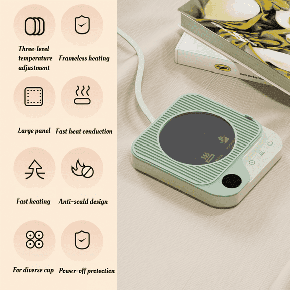 SYKIXIB Smart Mug Warmer with Timer & Auto Shut-Off - 3 Temperature Settings for Coffee, Tea, Hot Drinks - Adjustable Warmer Plate, 6 Safety Timers (Green)