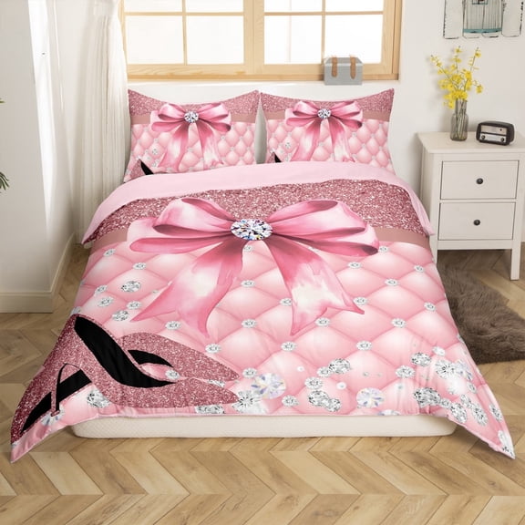 Erosebridal Pink Bowknot High Heels Comforter Cover Twin,Dreamy Princess Bedding Twin Size,Breathable Reversible Comforter Cover Twin,Bling Room Decorative,3-Piece(No Comforter)