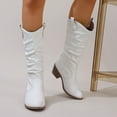 thumbnail image 2 of Womens Slouch Wide Mid Calf Cowboy Boots Winter Fall Casual Slouchy Leather Pointed Toe Western Cowgirl Boots White Size 8.5, 2 of 6